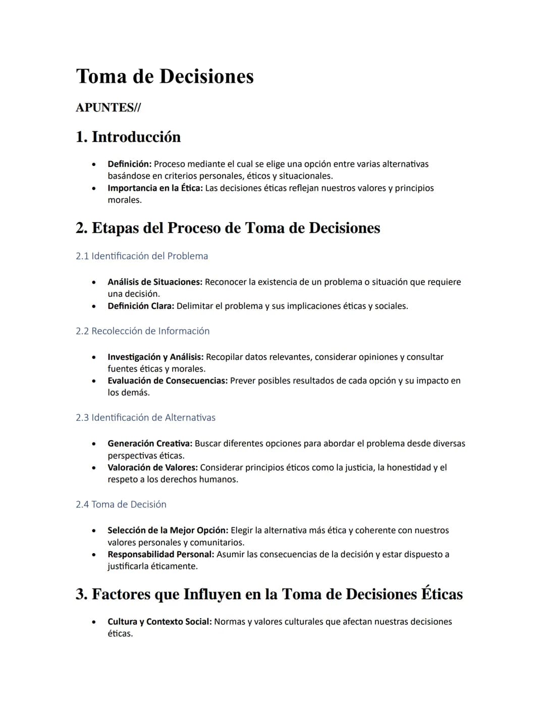 Toma de Decisiones
APUNTES//
1. Introducción
•
Definición: Proceso mediante el cual se elige una opción entre varias alternativas
basándose 