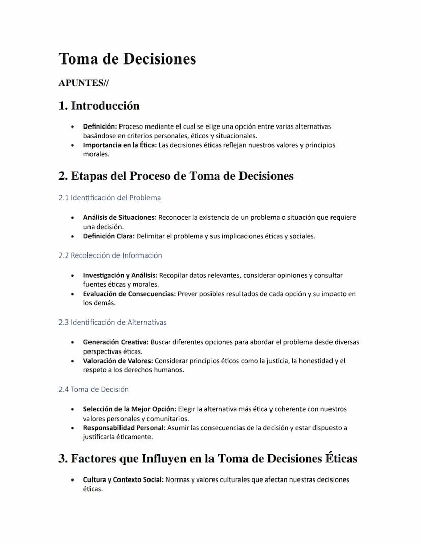 Toma de Decisiones
APUNTES//
1. Introducción
•
Definición: Proceso mediante el cual se elige una opción entre varias alternativas
basándose 