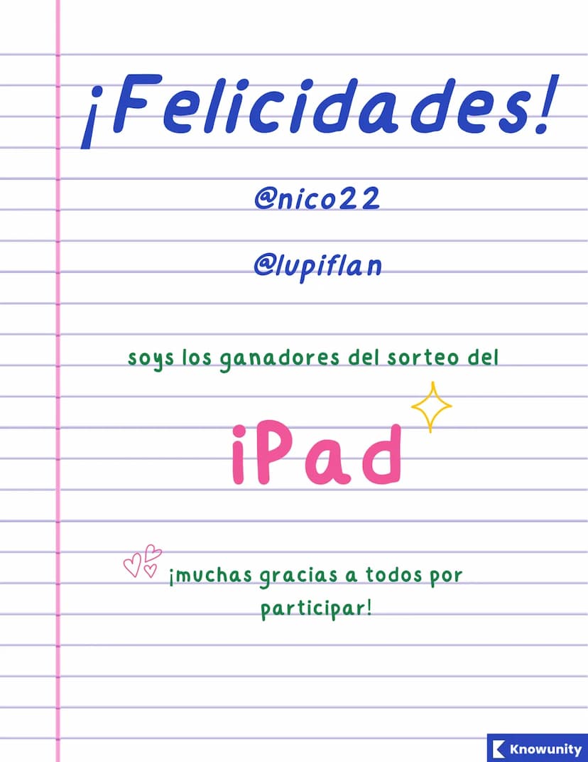 ¡Felicidades!
@nico22
@lupiflan
soys los ganadores del sorteo del
iPad
¡muchas gracias a todos por
participar!
Knowunity
