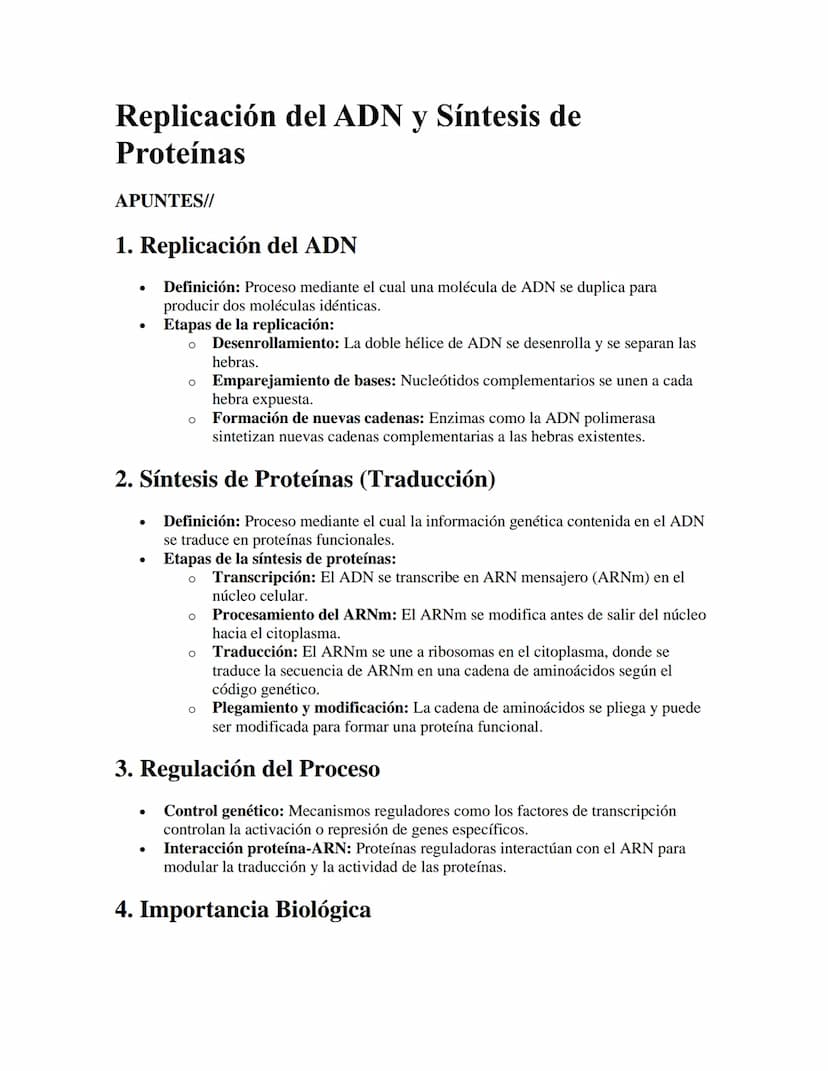 Replicación del ADN y Síntesis de
Proteínas
APUNTES//
1. Replicación del ADN
•
•
Definición: Proceso mediante el cual una molécula de ADN se