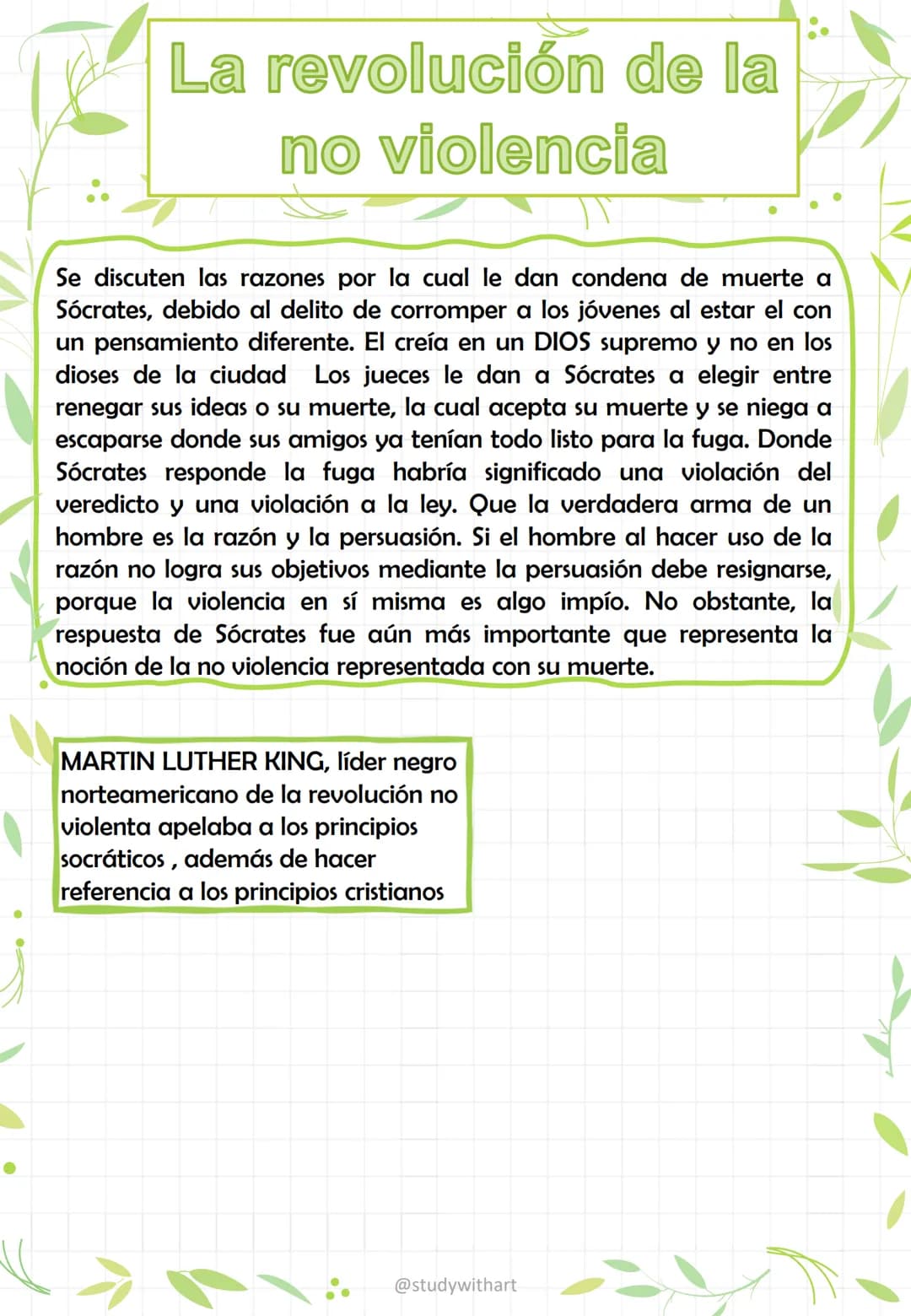 La revolución de la
no violencia
Se discuten las razones por la cual le dan condena de muerte a
Sócrates, debido al delito de corromper a lo