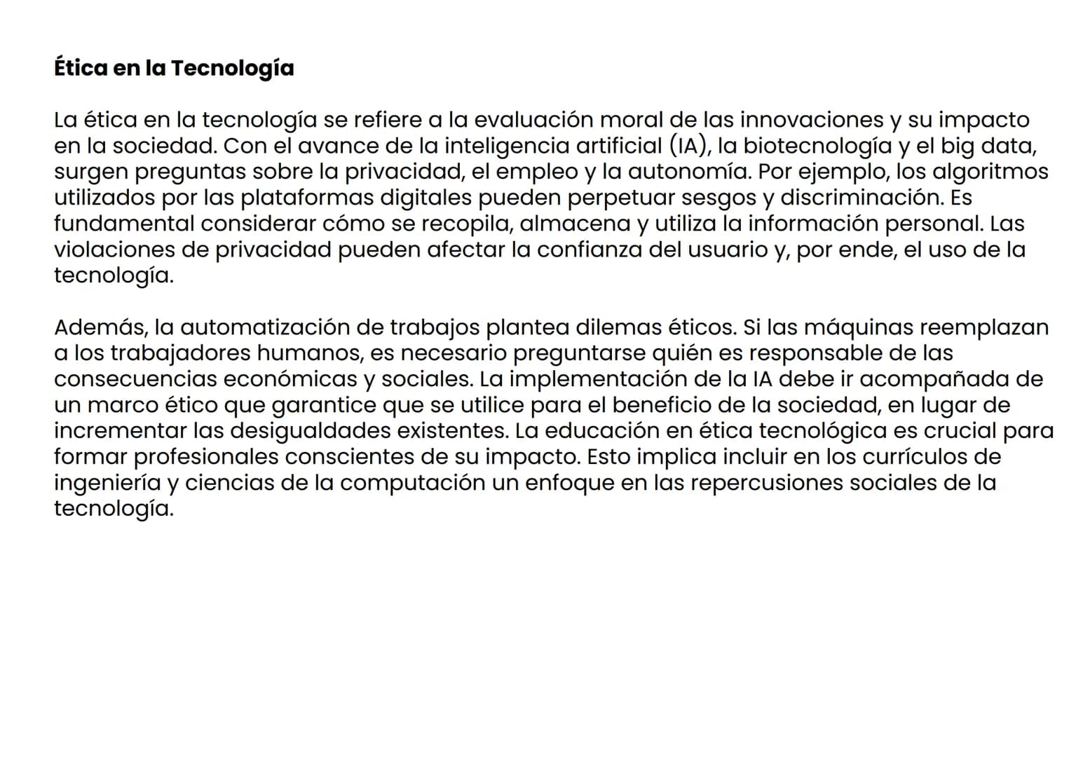 Ética en la Tecnología
La ética en la tecnología se refiere a la evaluación moral de las innovaciones y su impacto
en la sociedad. Con el av