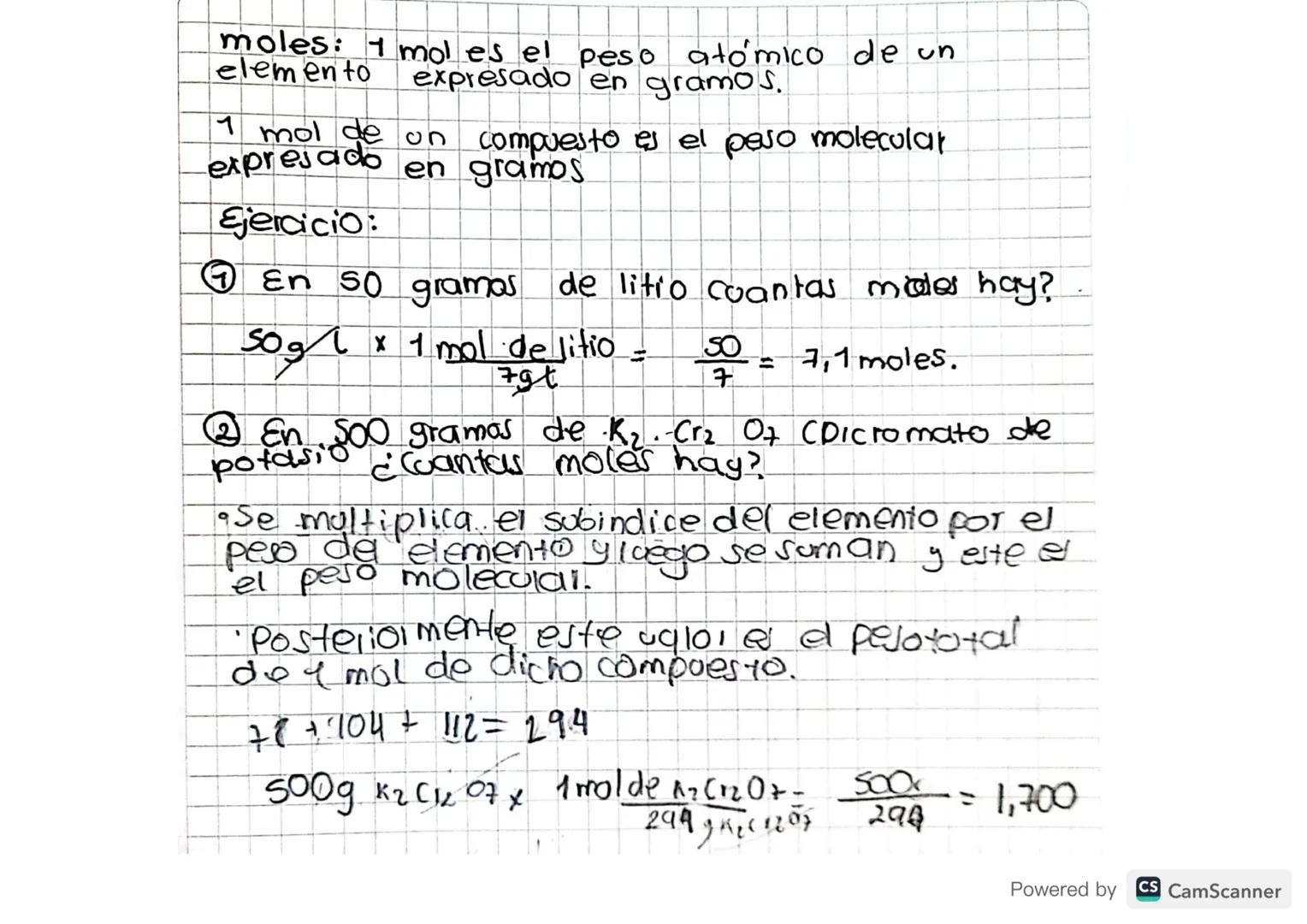 moles: 1 mol es el peso atómico de un
elemento expresado en gramos.
1 mol de un compuesto es el peso molecular
expresado
en gramos
Ejercicio