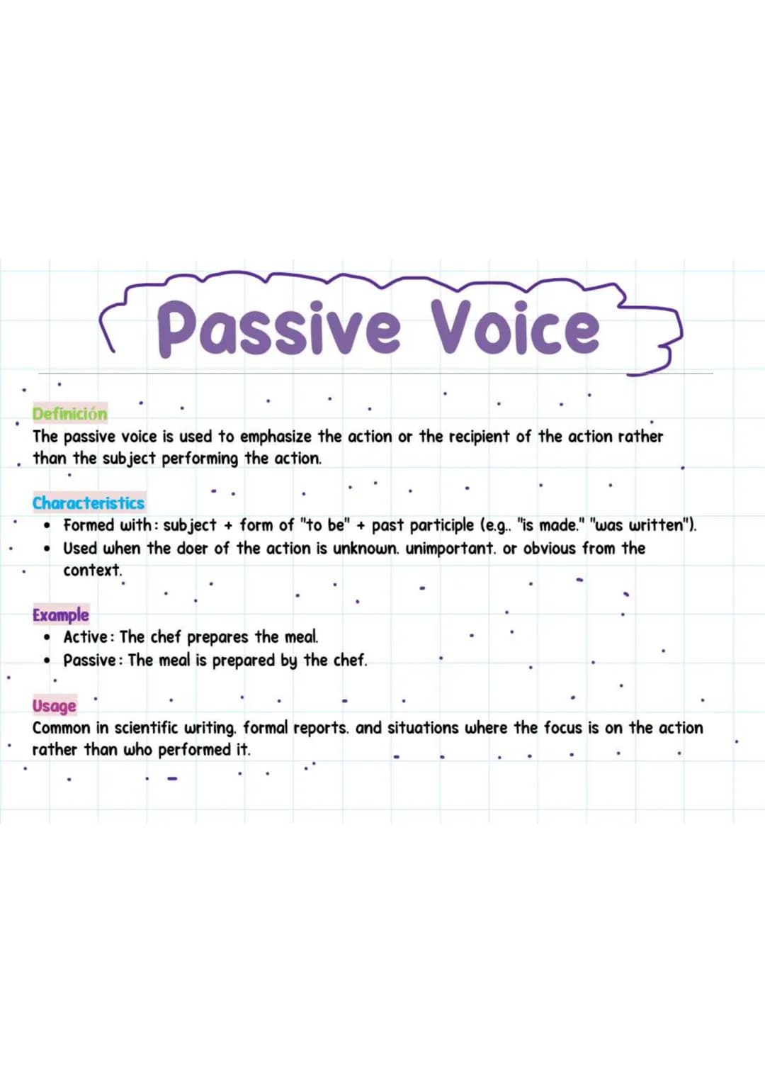 Passive Voice
Definición
The passive voice is used to emphasize the action or the recipient of the action rather
than the subject performing