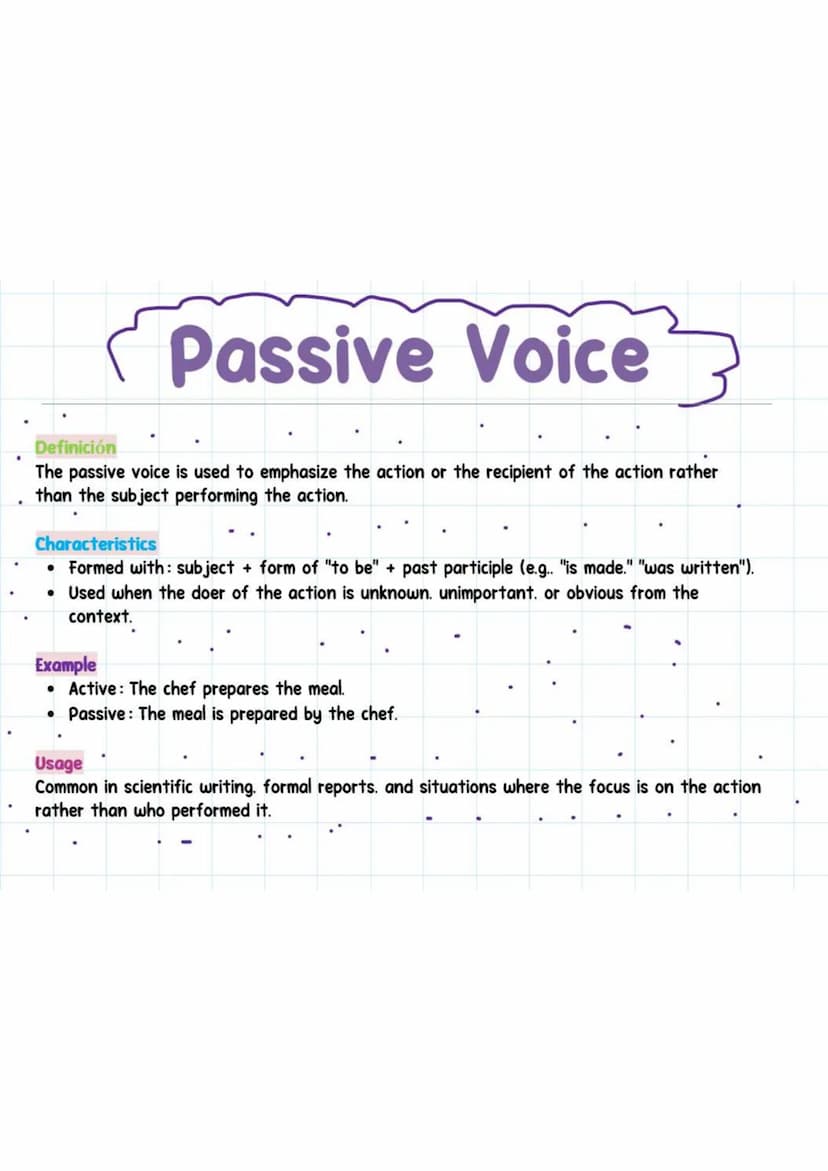 Passive Voice
Definición
The passive voice is used to emphasize the action or the recipient of the action rather
than the subject performing