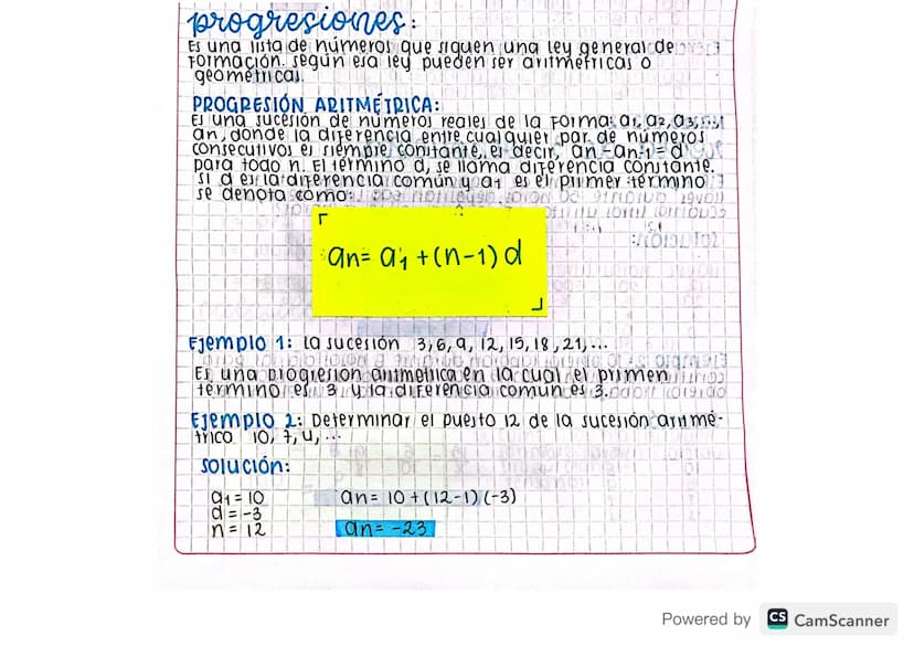 progresiones:
Es una lista de números que siguen una ley general dev
Formación según esa ley pueden ser aritmetricas o
geometricas.
PROGRESI