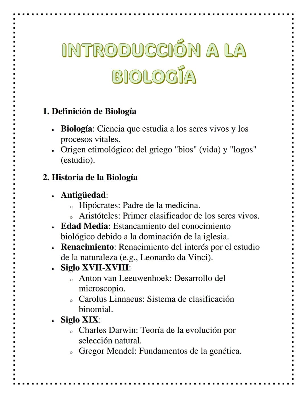 INTRODUCCIÓN A LA
BIOLOGÍA
1. Definición de Biología
•
Biología: Ciencia que estudia a los seres vivos y los
procesos vitales.
Origen etimol