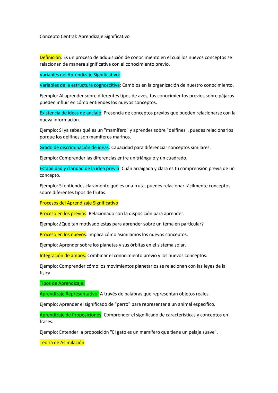 Concepto Central: Aprendizaje Significativo
Definición: Es un proceso de adquisición de conocimiento en el cual los nuevos conceptos se
rela