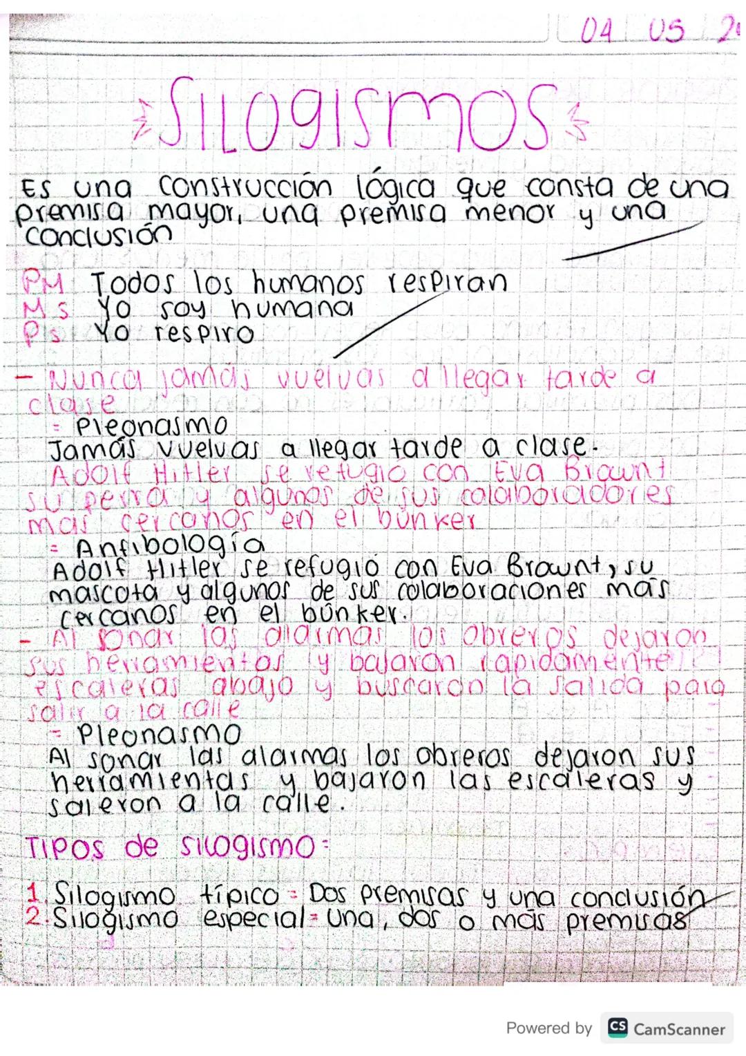 04 05 2
Silogismos
Es una construcción lógica que consta de una
premisa mayor, una premisa menor y una
Conclusión
1PM Todos los humanos resp