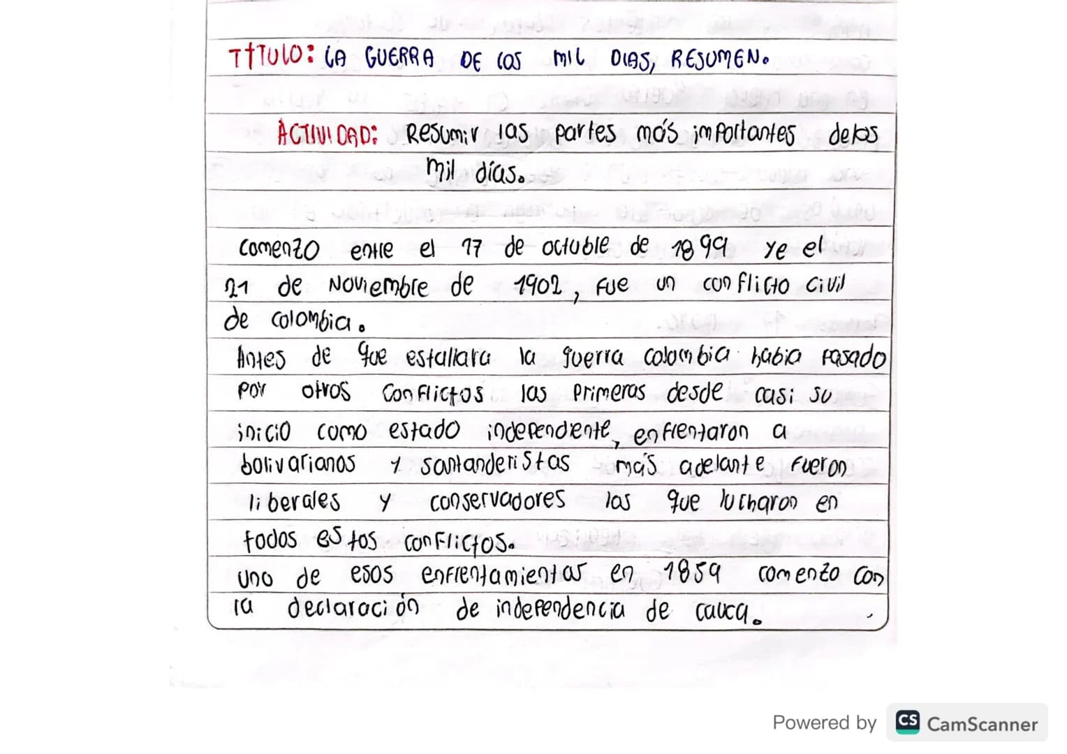 TITULO: LA GUERRA DE COS
MIL DIAS, RESUMEN
ACTIVIDAD: Resumir las partes más importantes delos
mil días.
Comenzo entre el 17 de octuble de 1