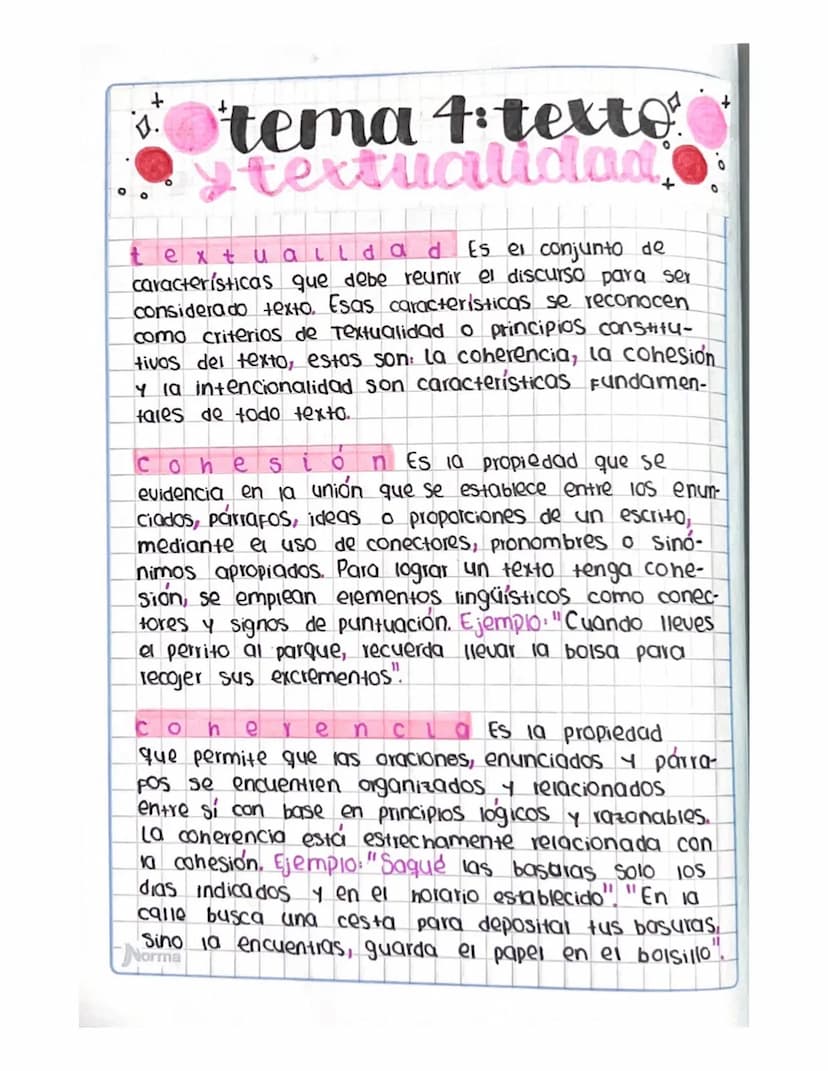+
1.
Otema 4 texto
textualidad
textualidad Es el conjunto de
características que debe reunir el discurso para ser
considera do texto. Esas c