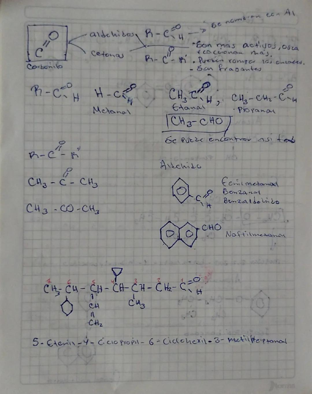 =
20
・aldchicos, R-CH
C
Cetonas
Carbonilo
PR-CH H-C
Metanal
> be namibion con Al
Son más activos, Osca
Coccionon mas.
C-Bi. Pucken romper la