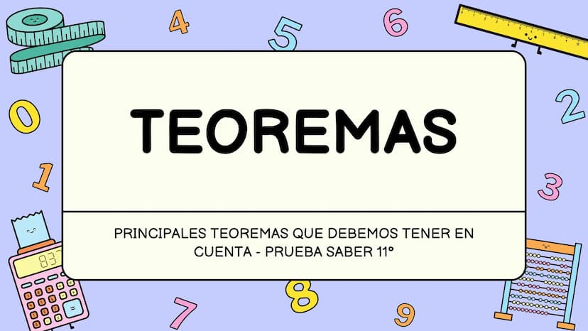 4
0
83
6
+
Z
=
A
5
6
TEOREMAS
2
3
PRINCIPALES TEOREMAS QUE DEBEMOS TENER EN
CUENTA - PRUEBA SABER 11°
DOOO OOOO
oooooo-
-00-
boo-
9 TEMAS
• 