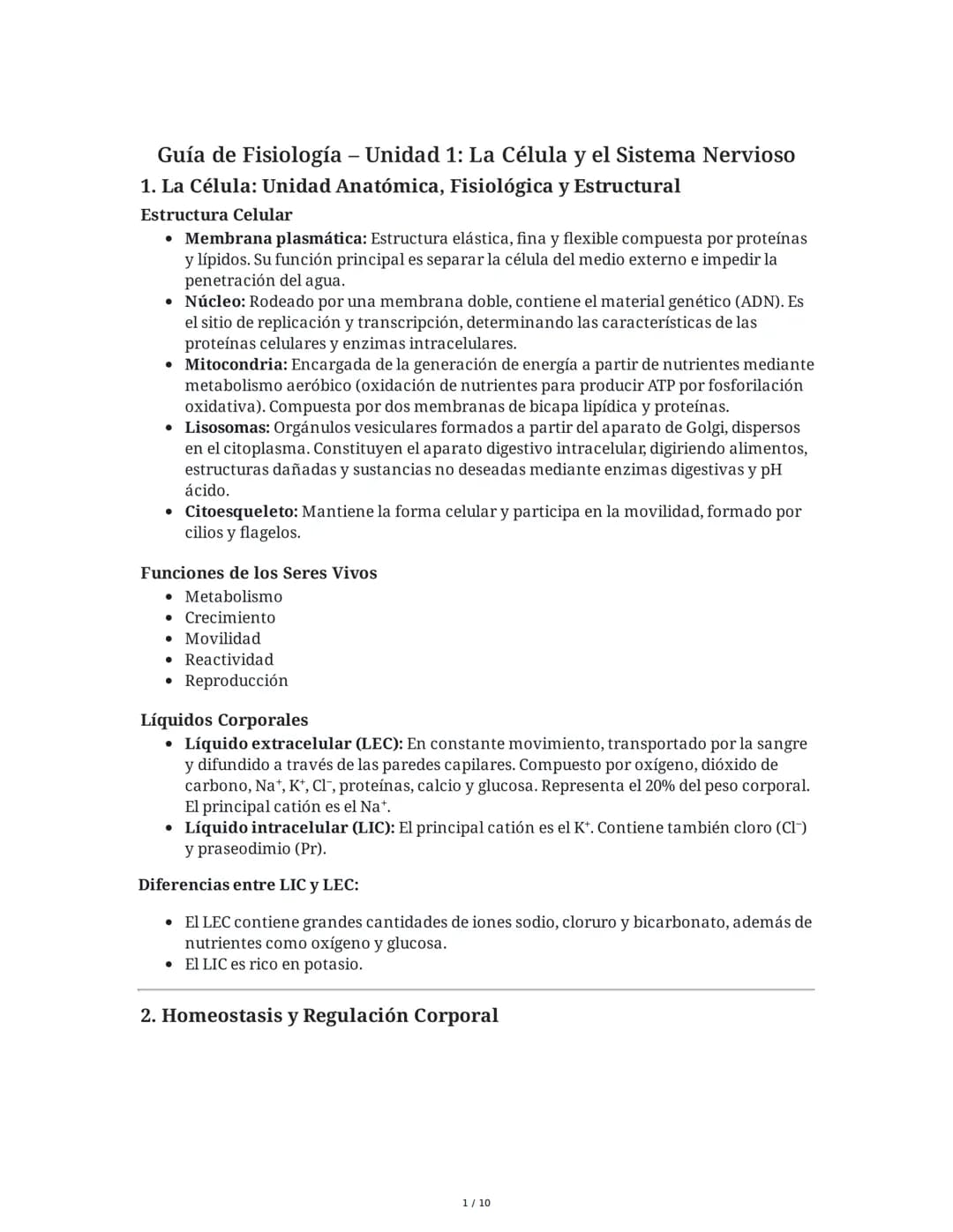 Guía de Fisiología - Unidad 1: La Célula y el Sistema Nervioso
1. La Célula: Unidad Anatómica, Fisiológica y Estructural
Estructura Celular
