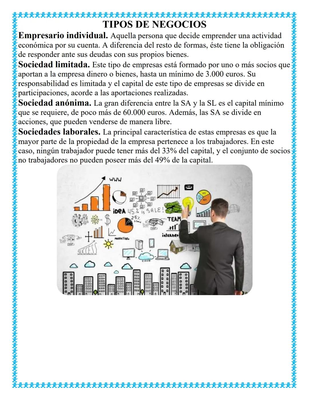 TIPOS DE NEGOCIOS
Empresario individual. Aquella persona que decide emprender una actividad
económica por su cuenta. A diferencia del resto 