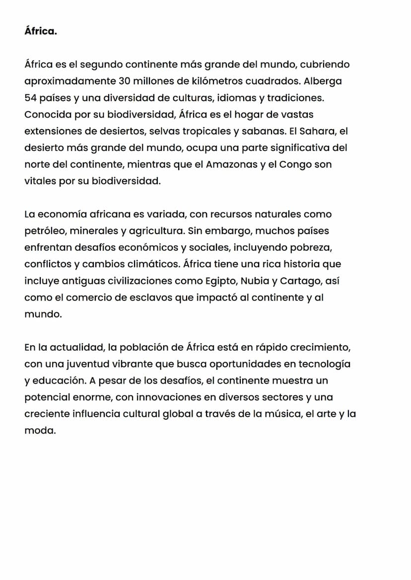 África.
África es el segundo continente más grande del mundo, cubriendo
aproximadamente 30 millones de kilómetros cuadrados. Alberga
54 país