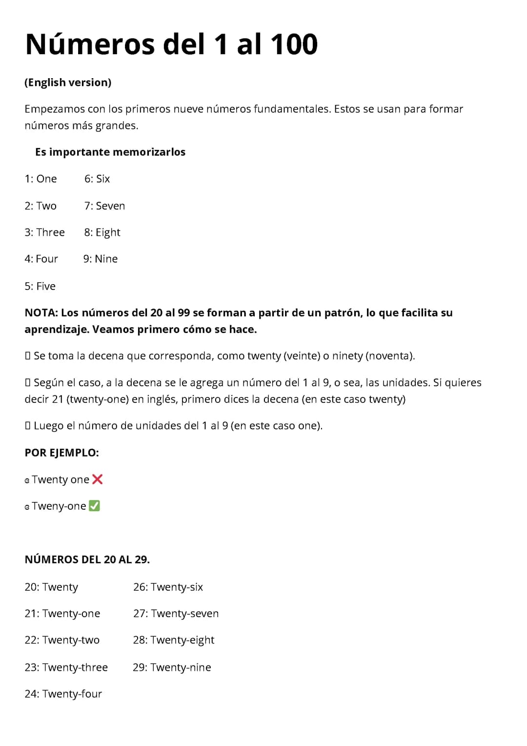 Números del 1 al 100. En ingles