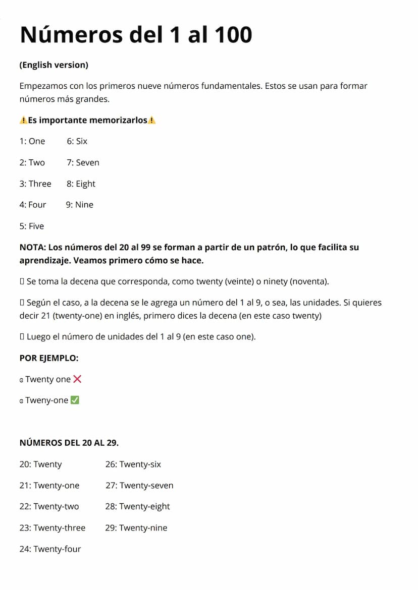 Números del 1 al 100
(English version)
Empezamos con los primeros nueve números fundamentales. Estos se usan para formar
números más grandes
