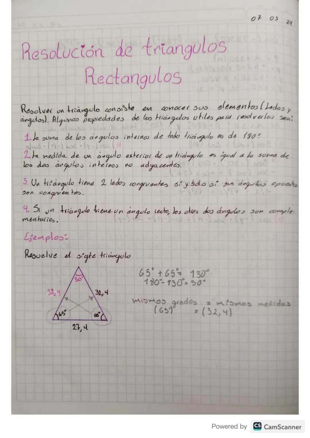 07 03
24
Resolución de triangulos
Rectangulos
Resolver un triangulo consiste en conocer s00
elementos (Lodos y
angulos). Algunas propiedades