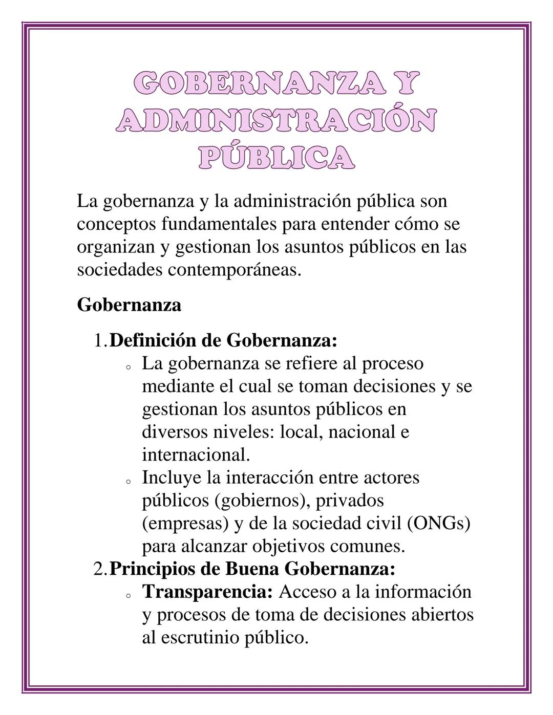 GOBERNANZA Y
ADMINISTRACIÓN
PÚBLICA
La gobernanza y la administración pública son
conceptos fundamentales para entender cómo se
organizan y 