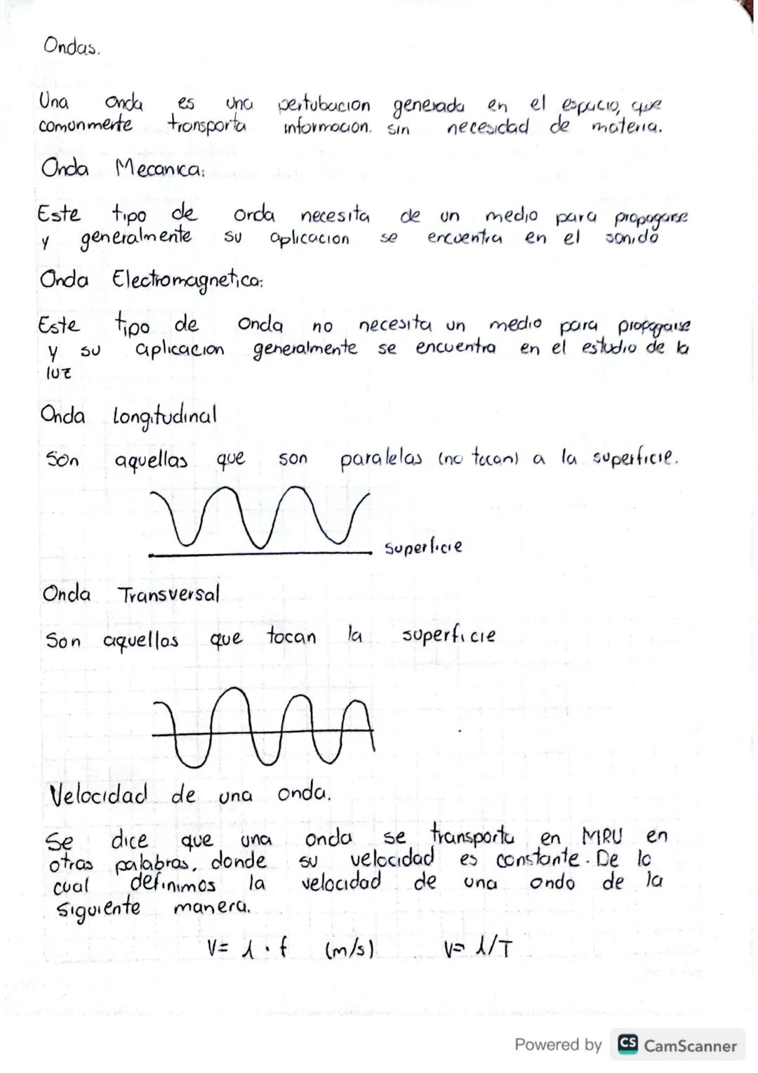 Ondas.

Una anda es una pertubacion generada en el espacio, que
comunmente transporta informacion. sin necesidad de materia.

Onda Mecanica: