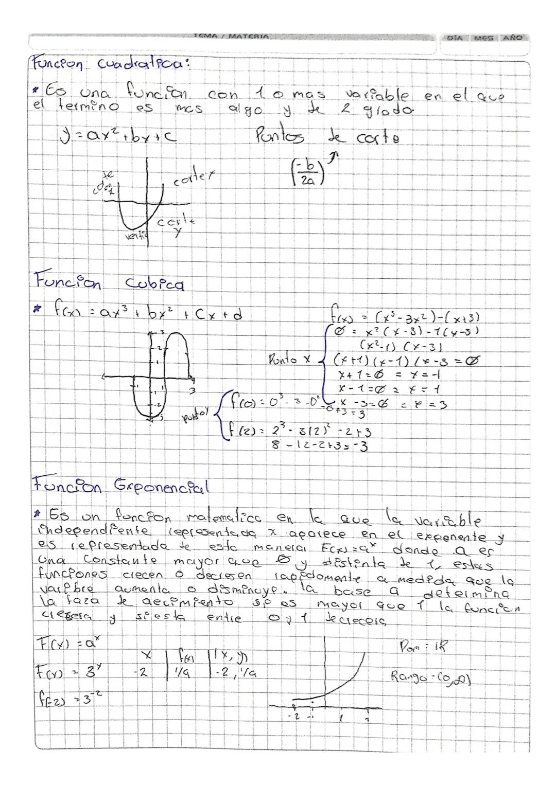 Función cuadrática, cubica y exponencial