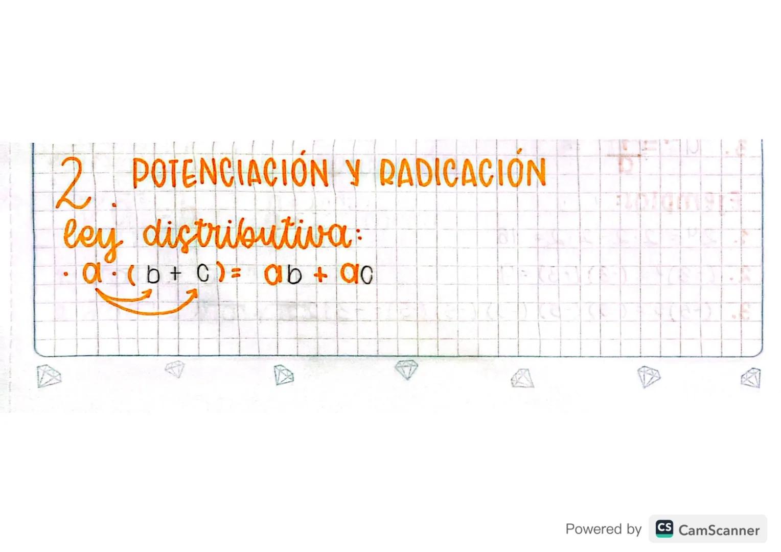 2. POTENCIACIÓN Y RADICACIÓN
ley distributiva:
•a.(b+c)= ab + ac
Powered by CS CamScanner Scribe

9+0
=
+
STAY COOL
MA

$
\frac{a+b}{c} = \f
