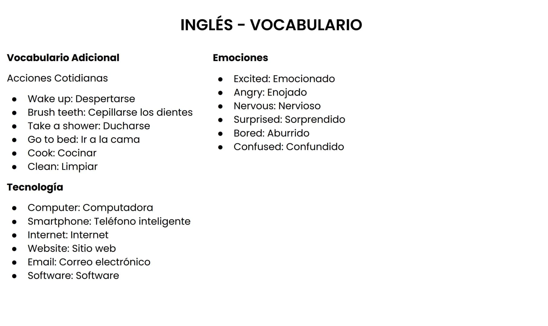 Vocabulario Adicional
Acciones Cotidianas
Wake up: Despertarse
INGLÉS - VOCABULARIO
● Brush teeth: Cepillarse los dientes
Take a shower: Duc