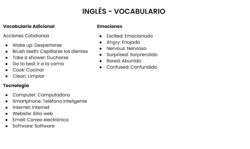 Vocabulario Adicional
Acciones Cotidianas
Wake up: Despertarse
INGLÉS - VOCABULARIO
● Brush teeth: Cepillarse los dientes
Take a shower: Duc