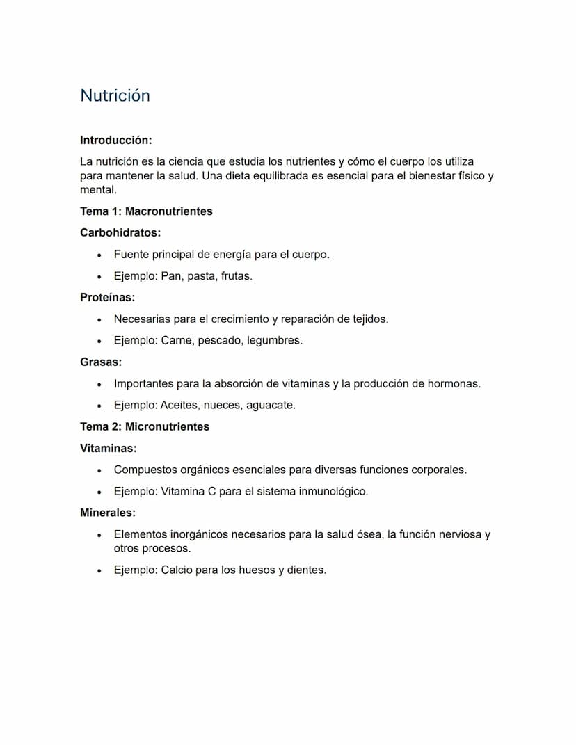 Nutrición
Introducción:
La nutrición es la ciencia que estudia los nutrientes y cómo el cuerpo los utiliza
para mantener la salud. Una dieta