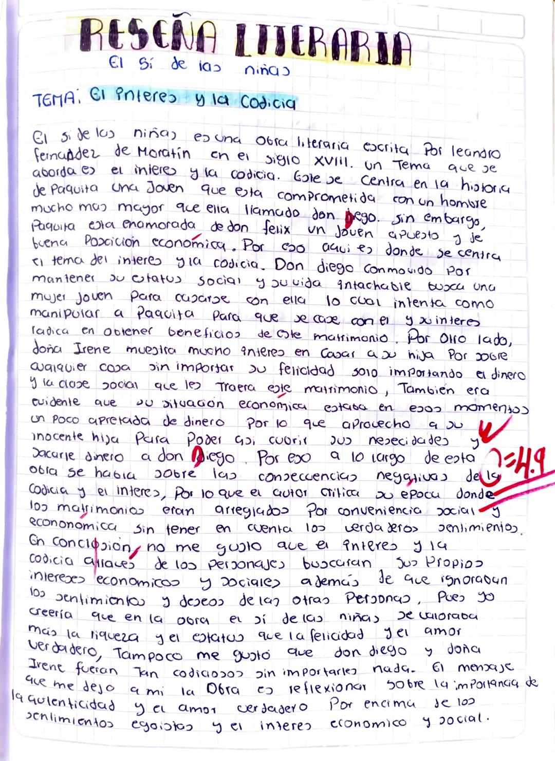 RESEÑA LITERARIA
El Si de la
nings
TEMA: GI interes y la Codicia
El si de las
niña) es una Obra literaria excrita Por leandro
fernandez de M