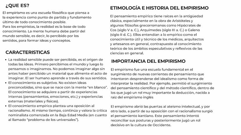 Empirismo ¿QUE ES?
El empirismo es una escuela filosófica que piensa a
la experiencia como punto de partida y fundamento
último de todo cono