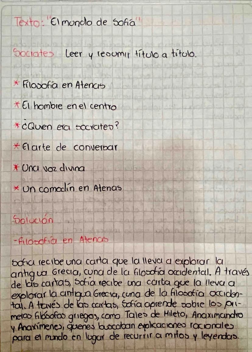 Texto: Elmondo de Sofía
Socrates leer y resumir título a titulo.
Filosofía en Atenas
El hombre en el centro
*¿Quen era socrates?
El arte de 
