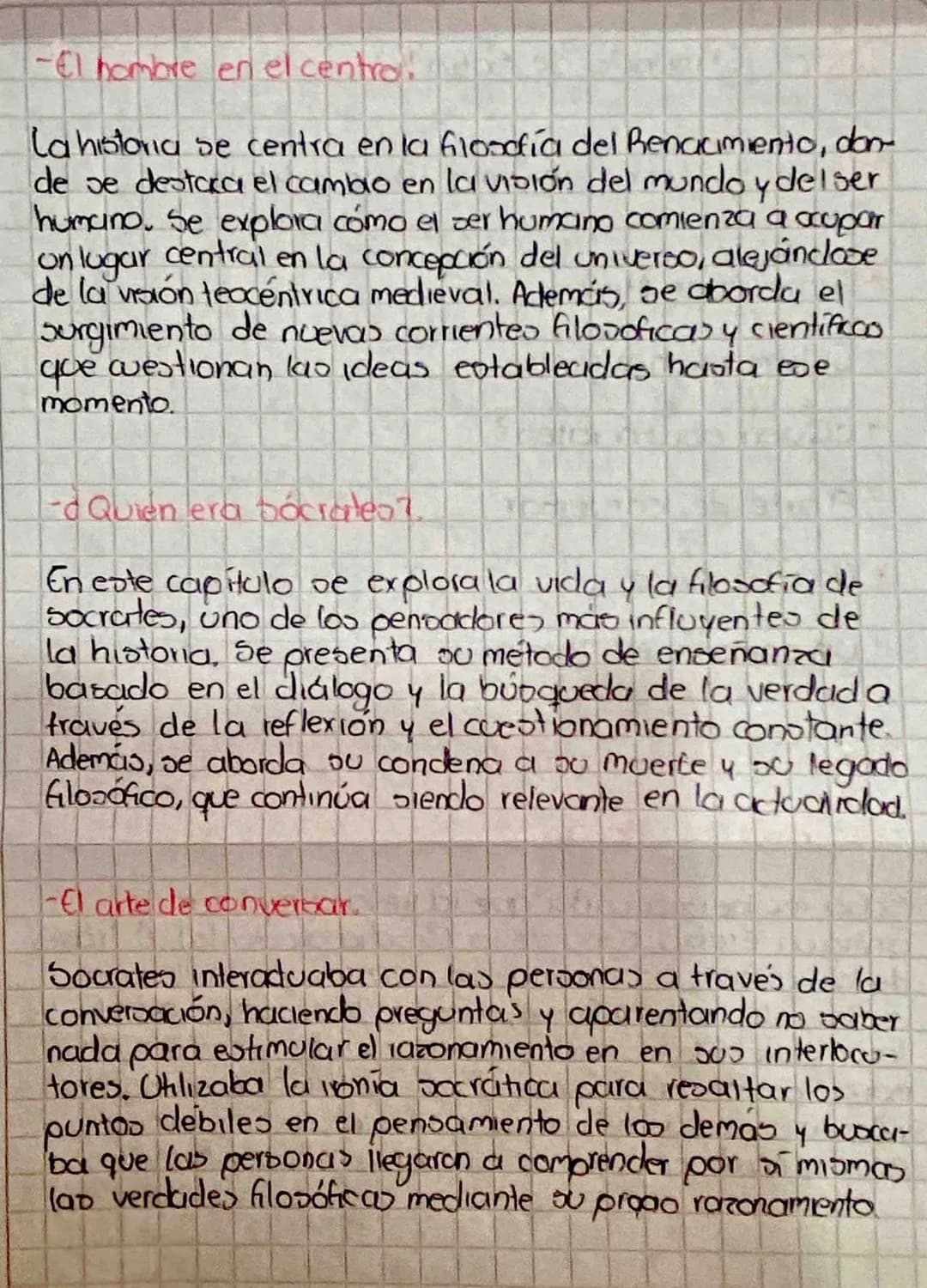 Texto: Elmondo de Sofía
Socrates leer y resumir título a titulo.
Filosofía en Atenas
El hombre en el centro
*¿Quen era socrates?
El arte de 