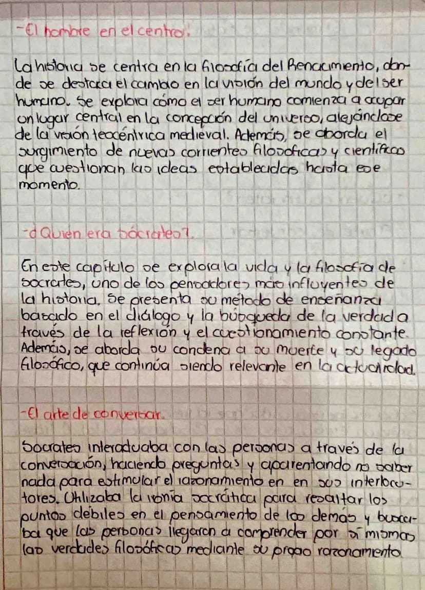Texto: Elmondo de Sofía
Socrates leer y resumir título a titulo.
Filosofía en Atenas
El hombre en el centro
*¿Quen era socrates?
El arte de 