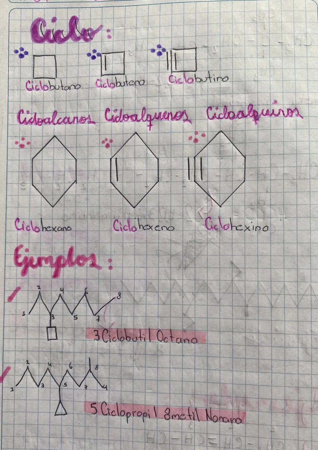 # Ciclo:

Ciclobutano Ciclobutero Ciclobutino

Cistoalcanos Cidoalquenos Cidaalquiros

Ciclohexano Ciclohexeno Ciclohexina

# Ejemplos:

1

