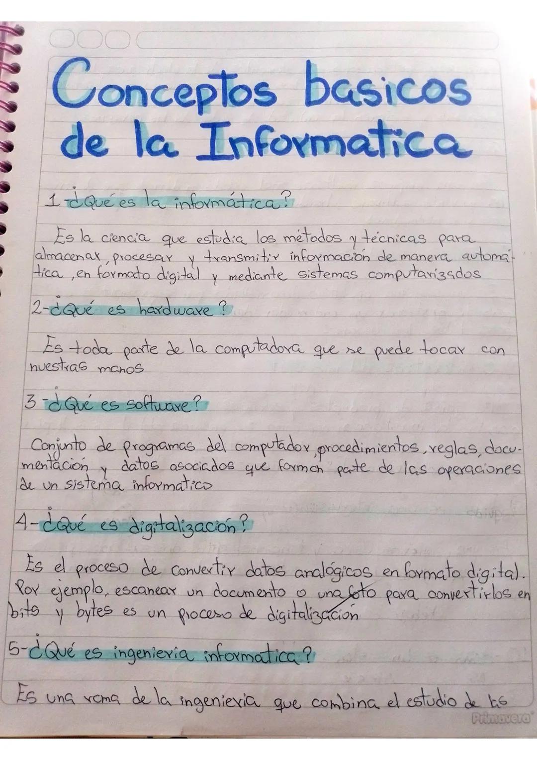 # Conceptos basicos

de la Informatica

1-¿Qué es la informática?

Es la ciencia que estudia los métodos y técnicas para
almacenax, procesar