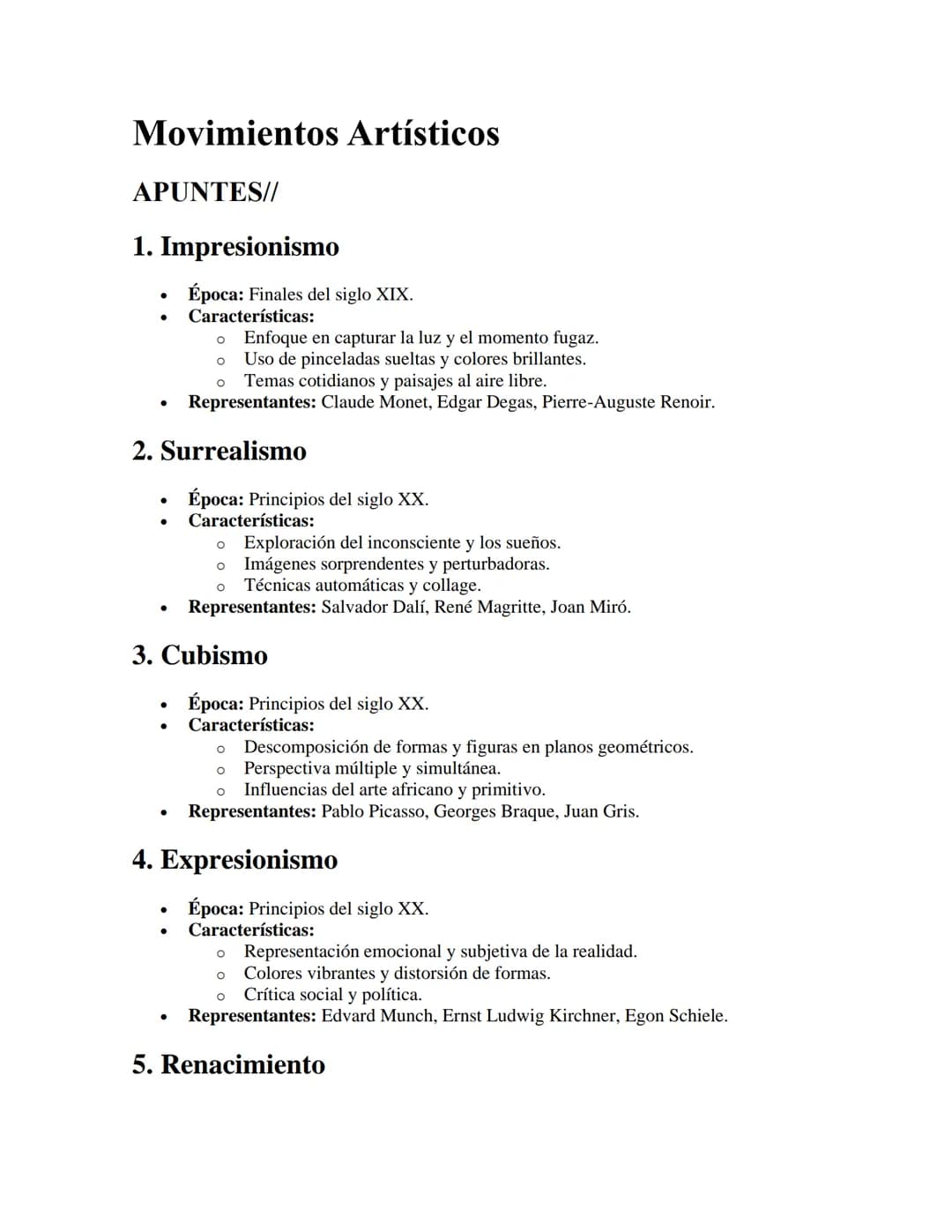 Movimientos Artísticos
APUNTES//
1. Impresionismo
•
•
Época: Finales del siglo XIX.
Características:
°
о
°
Enfoque en capturar la luz y el m