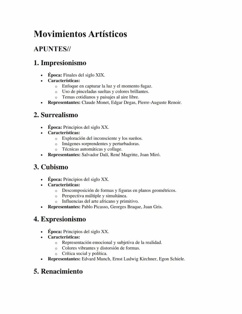 Movimientos Artísticos
APUNTES//
1. Impresionismo
•
•
Época: Finales del siglo XIX.
Características:
°
о
°
Enfoque en capturar la luz y el m