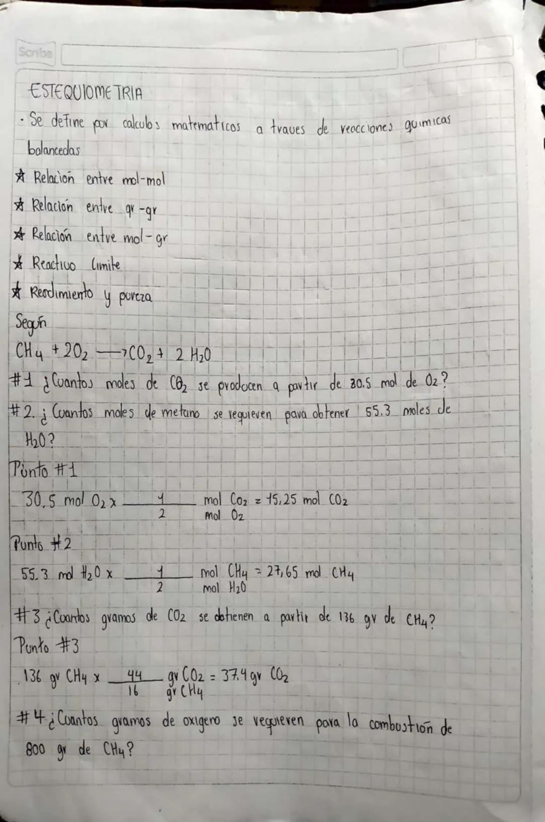 Scribe
# ESTEQUIOME TRIA
- Se detine por calculos matematicos a traves de reacciones quimicas balancedas
* Relación entre mol-mol
* Relación