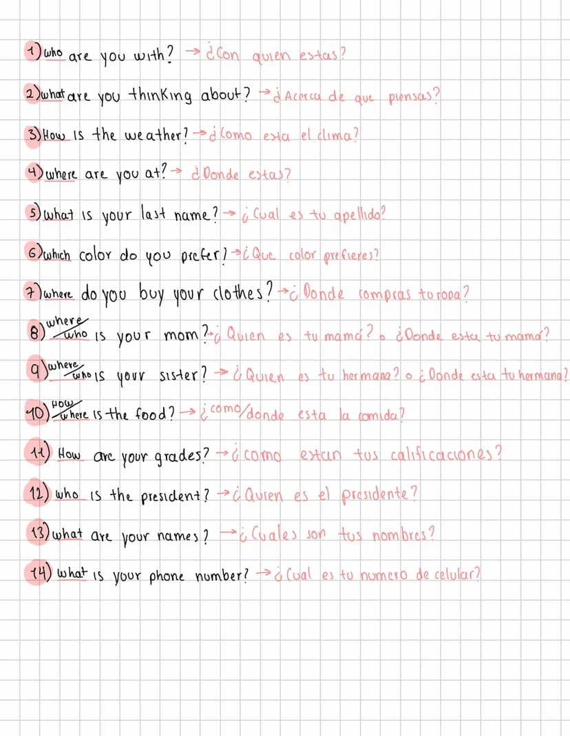 WH QUESTIONS
EJERCICIOS
Traduce y completa los espacios.
what Que/cual
where Donde
(1)
are you with?
2)
are you thinking about?
3)
4)
Is the
