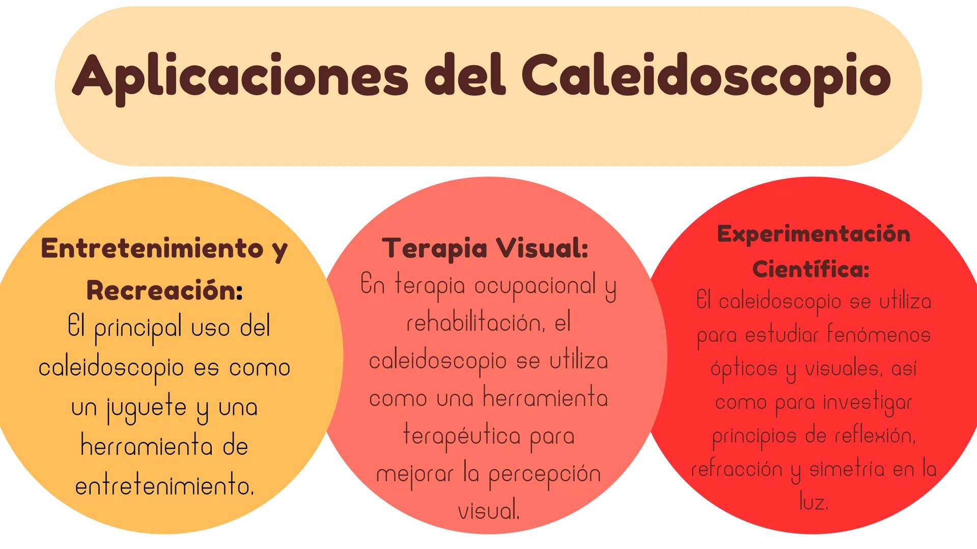 CALEIDOSCOPIO Objetivos
Explorar la
historia y
evolución del
caleidoscopio
Mostrar la
diversidad de
diseños y
aplicaciones del
caleidoscopio