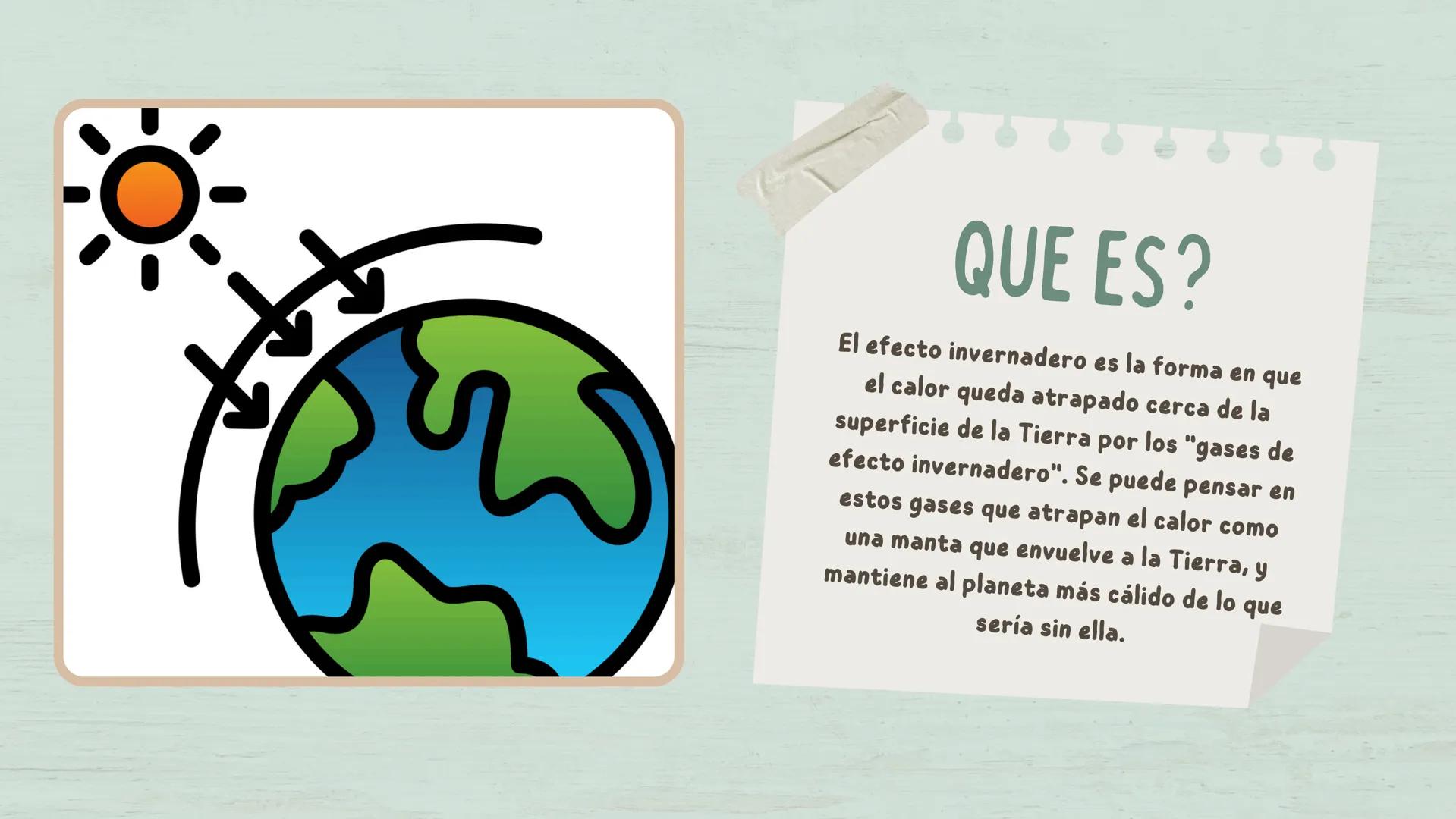 QUE ES?

El efecto invernadero es la forma en que
el calor queda atrapado cerca de la
superficie de la Tierra por los "gases de
efecto inver