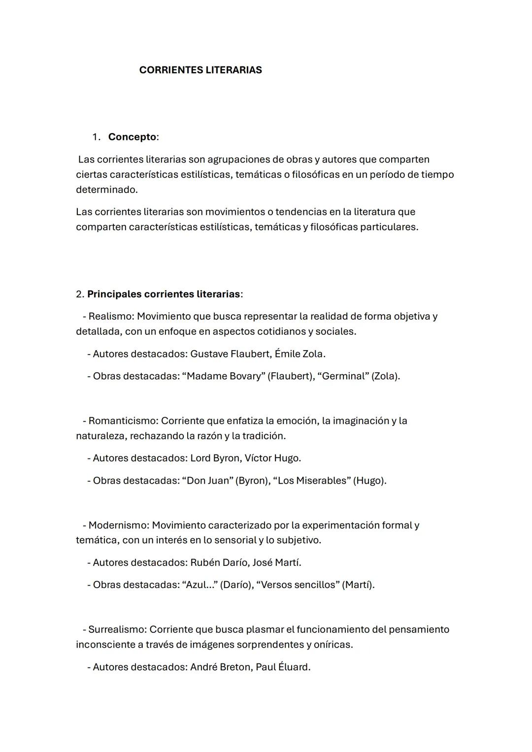 CORRIENTES LITERARIAS
1. Concepto:
Las corrientes literarias son agrupaciones de obras y autores que comparten
ciertas características estil