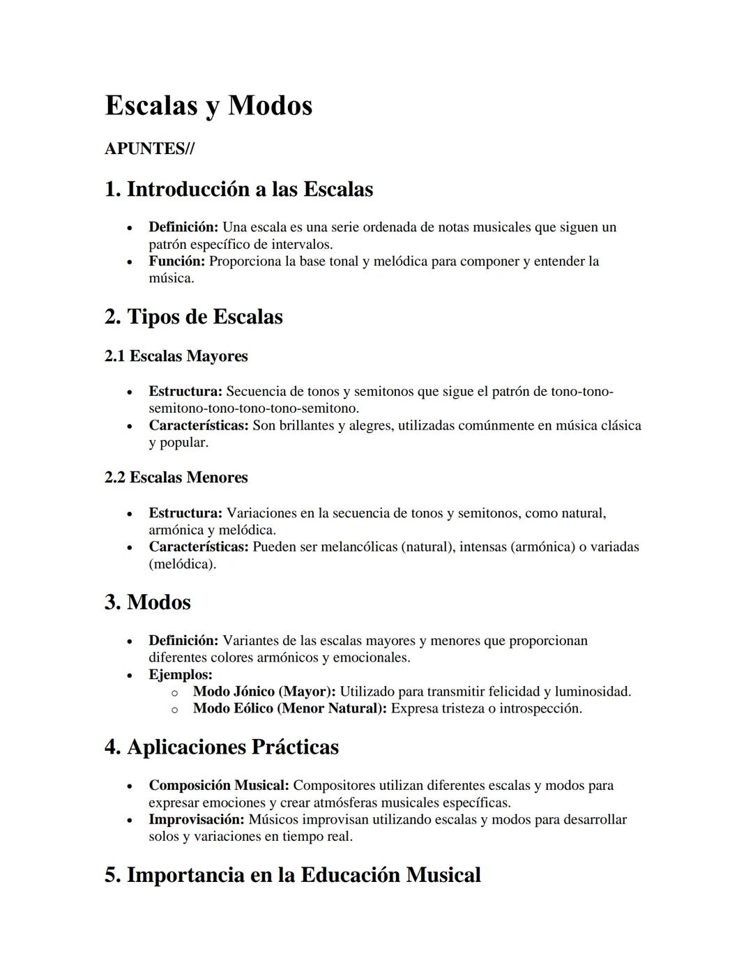 Escalas y Modos
APUNTES//
1. Introducción a las Escalas
•
•
Definición: Una escala es una serie ordenada de notas musicales que siguen un
pa