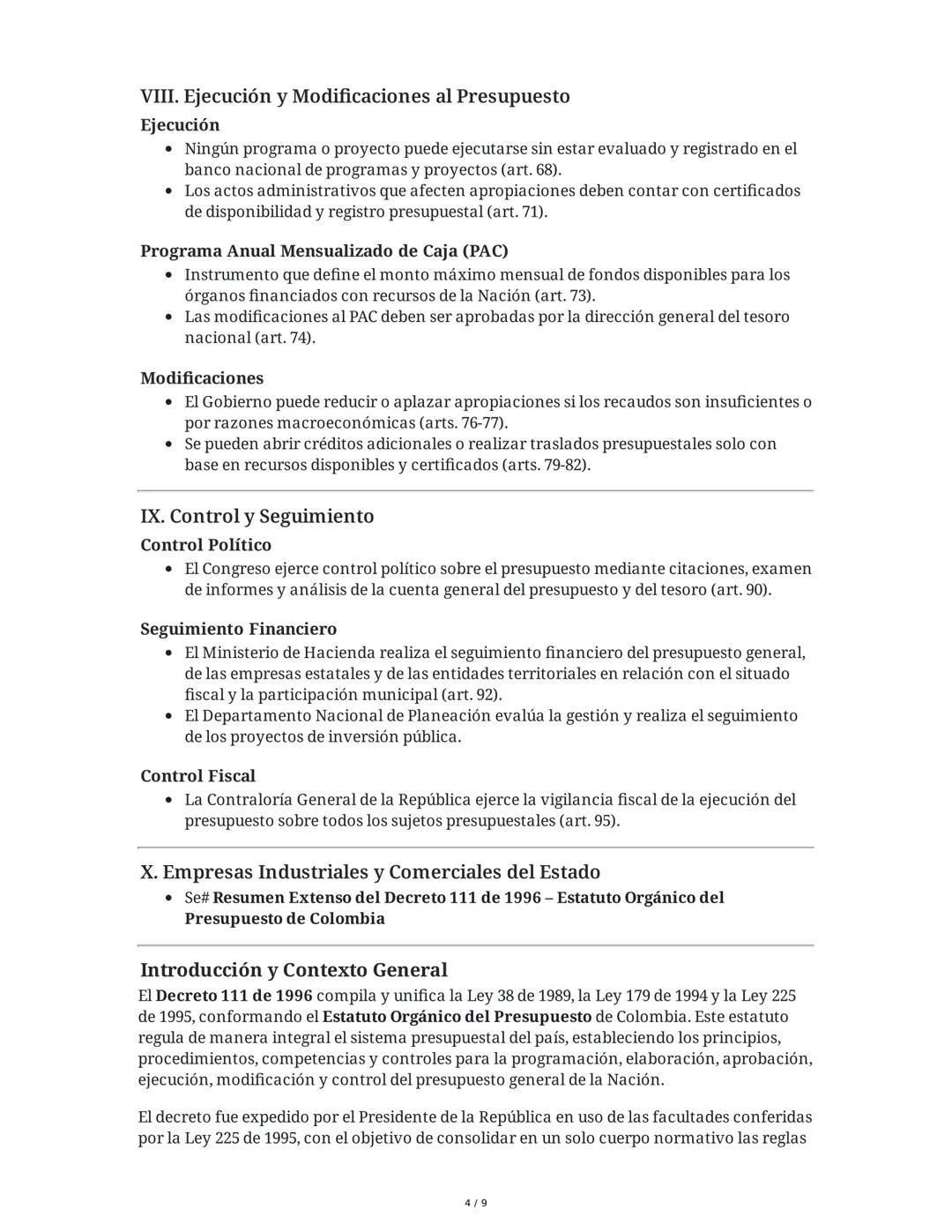 Resumen Extendido del Decreto 111 de 1996 - Estatuto Orgánico
del Presupuesto de Colombia
Introducción
El Decreto 111 de 1996 compila y unif