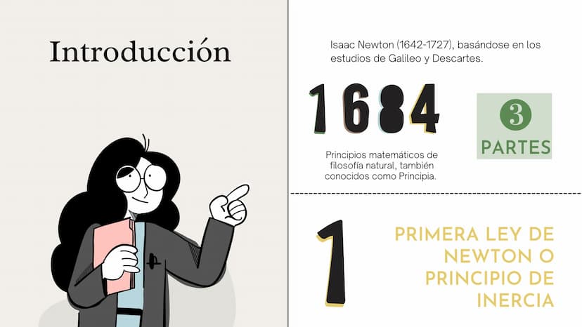 Primera ley de
Newton Introducción
Isaac Newton (1642-1727), basándose en los
estudios de Galileo y Descartes.
1684
Principios matemáticos d