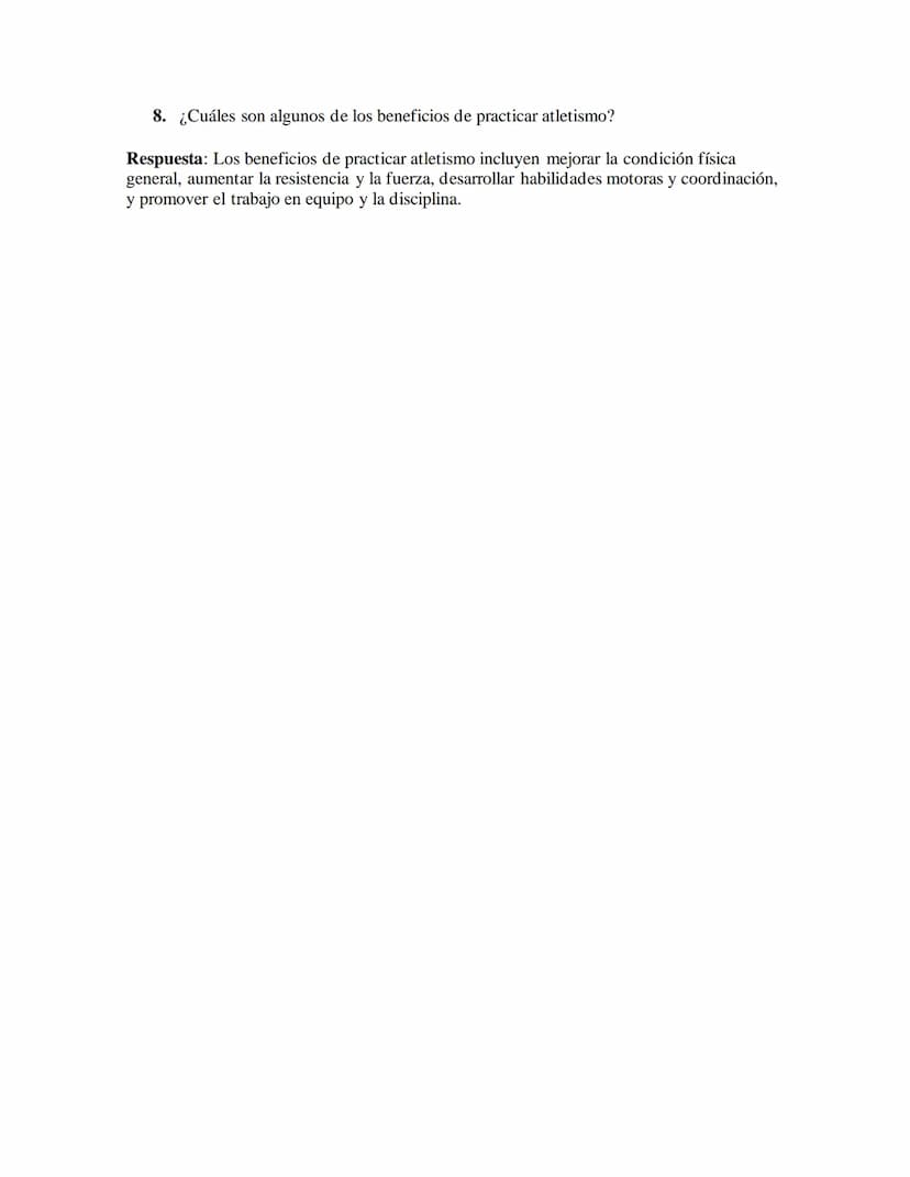 Taller 1: Fundamentos del Atletismo
Preguntas y Respuestas:
1. ¿Cómo definirías el atletismo?
Respuesta: El atletismo es un conjunto de disc