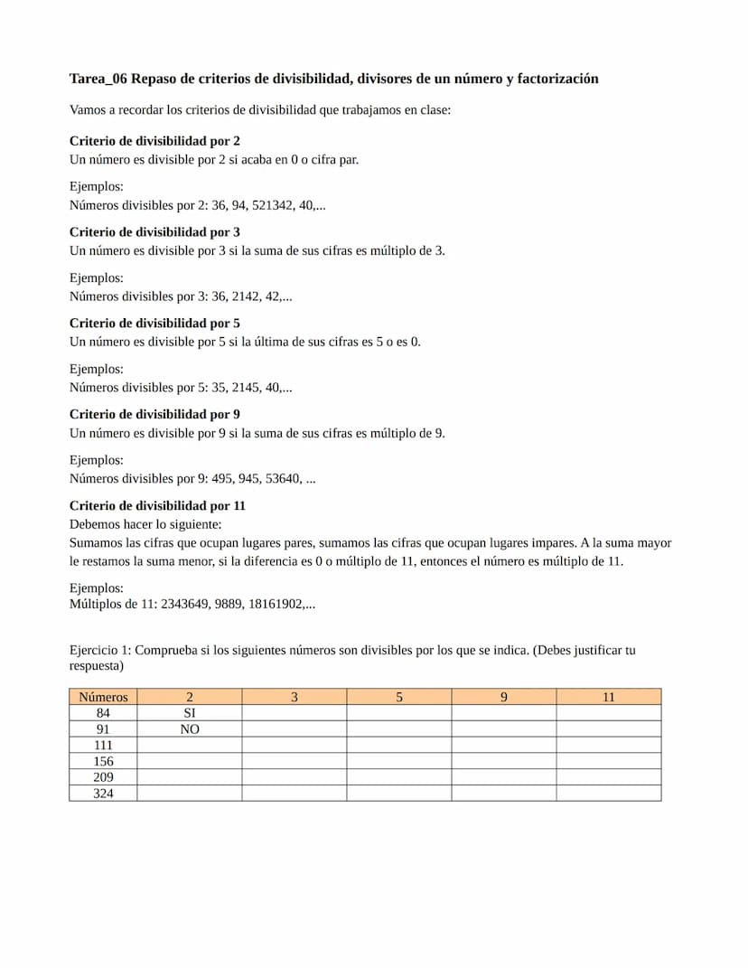 Tarea_06 Repaso de criterios de divisibilidad, divisores de un número y factorización
Vamos a recordar los criterios de divisibilidad que tr