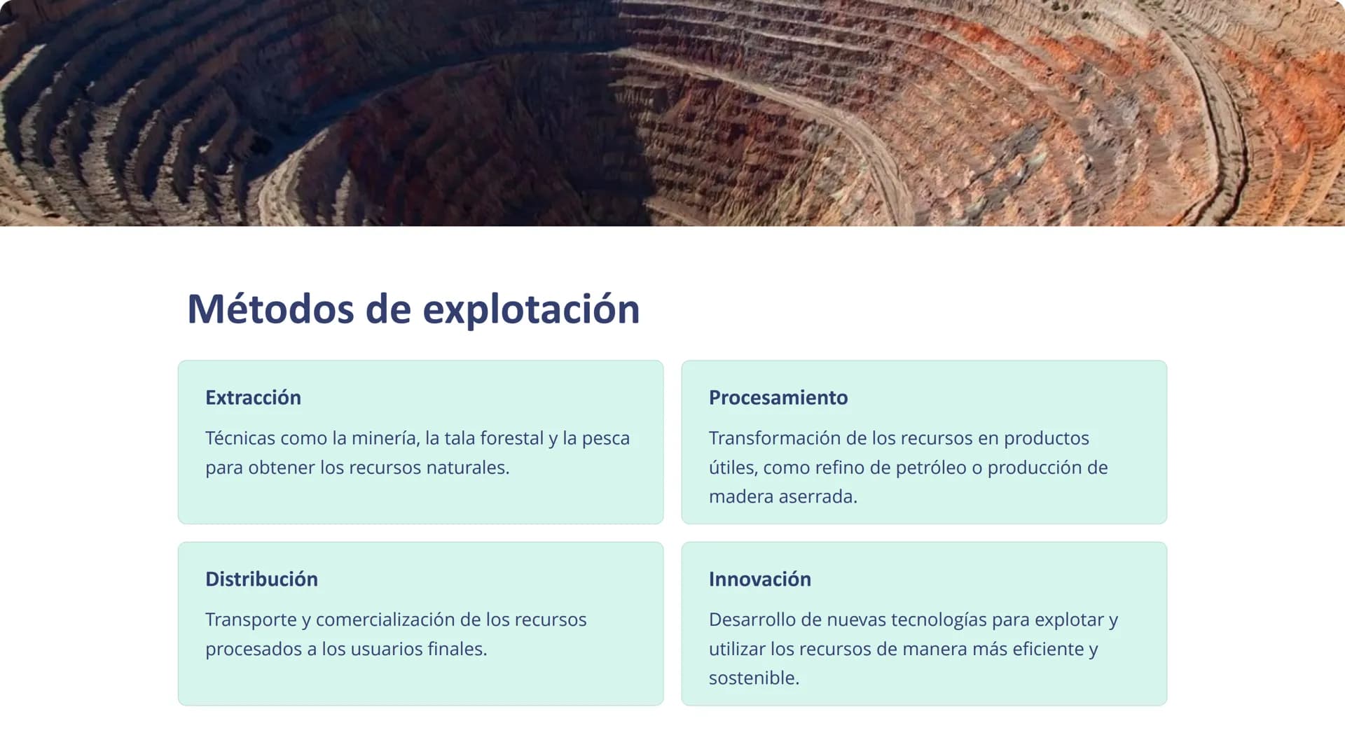 Geografía de los
recursos naturales
La geografía de los recursos naturales se enfoca en la
distribución, explotación y sostenibilidad de los